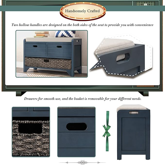 SOFTSEA Upholstered Storage Bench for Entryway, Wood Storage Ottoman with Removable Basket and 2 Drawers, Farmhouse Shoe Bench with Seat Cushion for Entryway, Living Room, Full Assembled, Navy