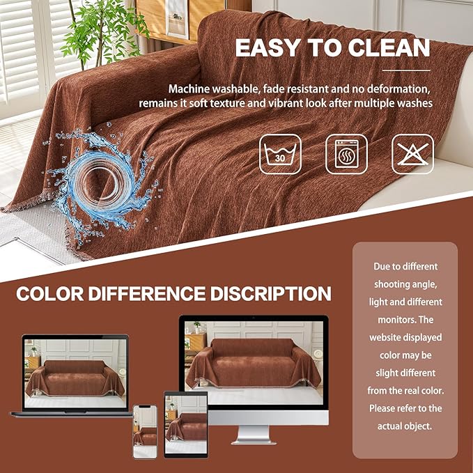 DREAMINGO Chocolate Brown Couch Cover Chenille Sofa Covers for 2 Cushion Couch Washable Loveseat Covers Modern Furniture Protector Couch Cover Blanket for Sectional, 71"x118"