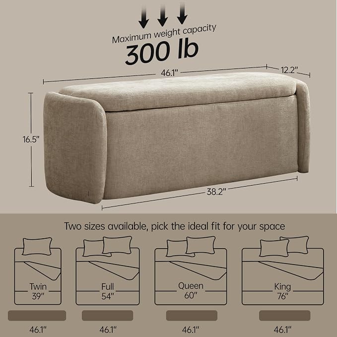 VKNOW 46" Oval Storage Ottoman Bench, Upholstered End of Bed Bench Ottomans Bench Foot Rest, Sherpa Storage Bench for Bedroom, Living Room and Hallway, Light Brown