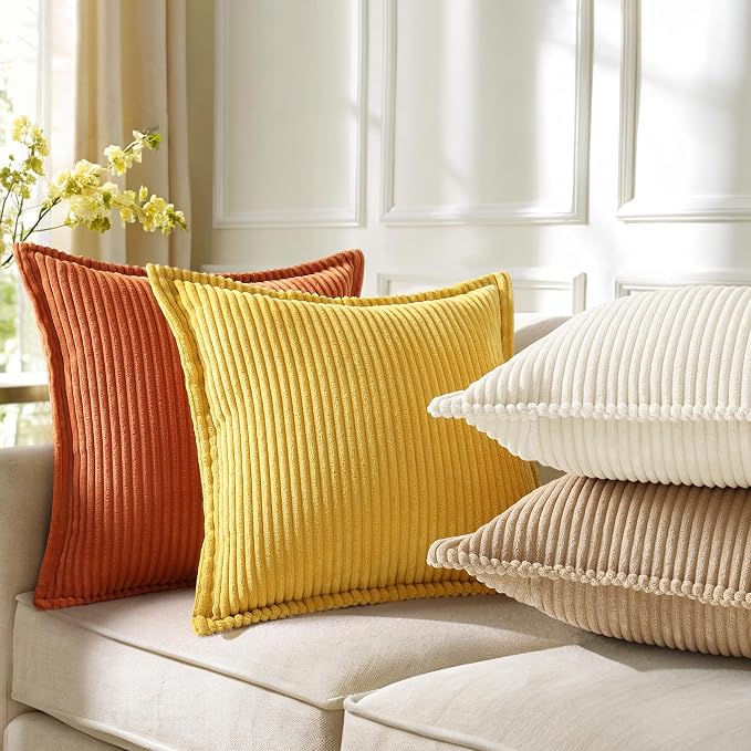 decorUhome Summer Corduroy Mustard Yellow Throw Pillow Covers 16x16 Set of 2 Decorative Soft Boho Farmhouse Couch Pillow Covers for Living Room Bed Sofa Broadside Striped Pillow Cases