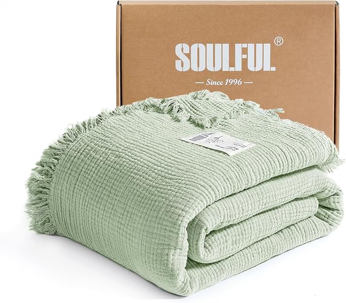 SOULFUL Muslin Throw Blanket with Tassels - Soft Full Size Cotton Throw Blanket for Couch or Bed, Lightweight and Breathable Gauze for All Seasons, Grassgreen, 66" x 90"