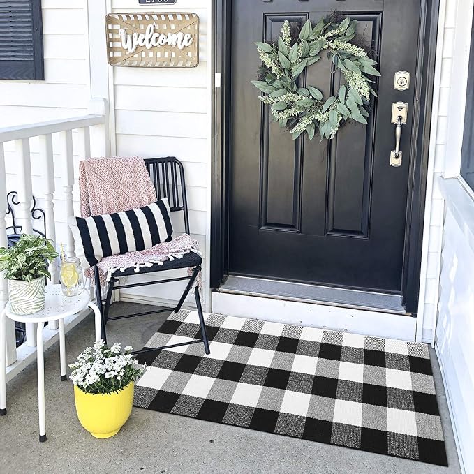 KIMODE Front Door Mat Buffalo Plaid Outdoor Rug 27.5"x43" Black and White Checkered Rug Farmhouse Front Porch Rug Outdoor Srping Decor Cotton Woven Washable Layered Door Mats