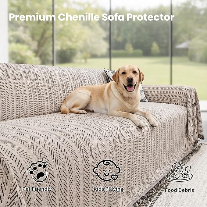 Chenille Couch Cover for Sofa Non Slip Cover Washable Pet Scratch Couch Covers Tassel Sofa Slipcover for 3 Cushion Couch Furniture Protector Blanket for Living Room,Camel Brown 71"x150"