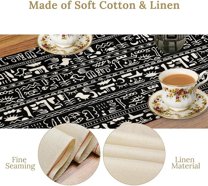 Egypt Table Runner Ancient Egyptian History Mural Old Hieroglyphic Elements Imperial Art Pattern for Coffee Table Dining Indoor Kitchen Holiday Picnic Party Camp Decor 13x70in