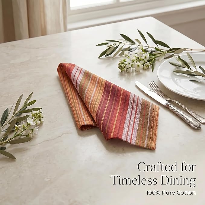 Urban Villa Cloth Napkins 100% Cotton Highly Absorbent Washable Reusable Premium Dinner Napkins Ideal for Gifts for Mothers Day Hotel Farmhouse - Harvest Multi Dobby Stripes (20" x 20", Set of 12)
