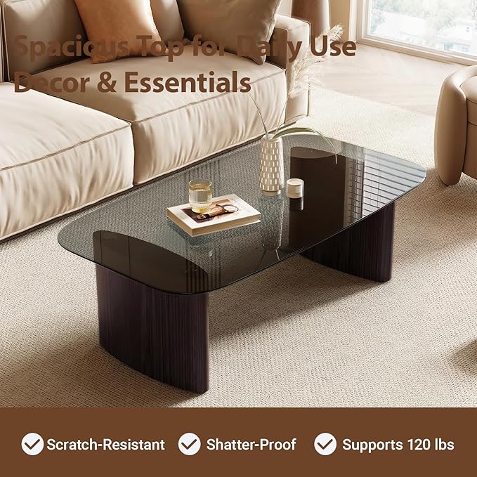 Modern Glass Coffee Table, Coffee Table for Living Room,Tempered Glass-top with Sturdy Wooden Base, Modern Coffee Tables for Small Space, Apartment, Office, Minimalist Design (Walnut)