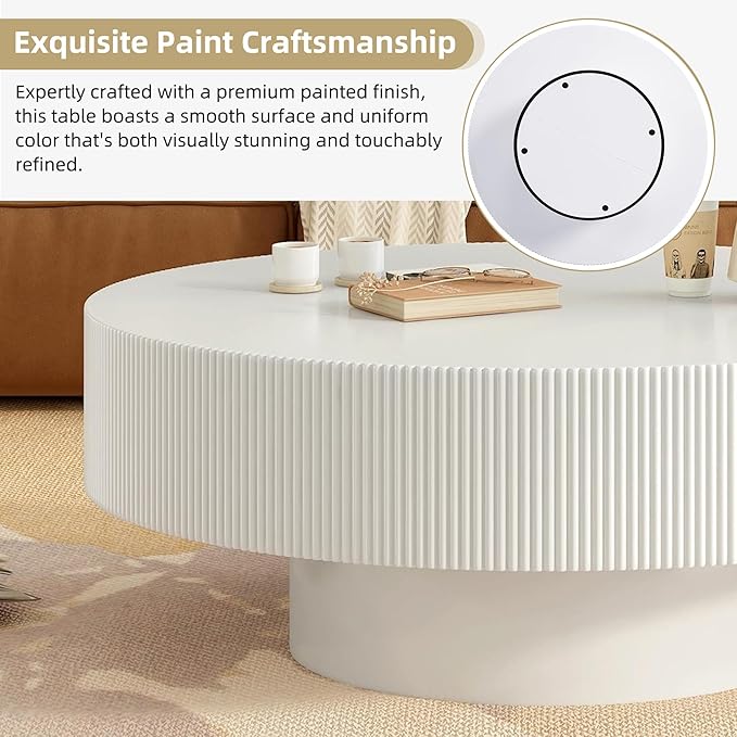 Merax Modern 35.4 Inch Round Large Coffee Table with Sturdy Base, Wood Center Table for Living Room Reception Room, Easy Assemble, White