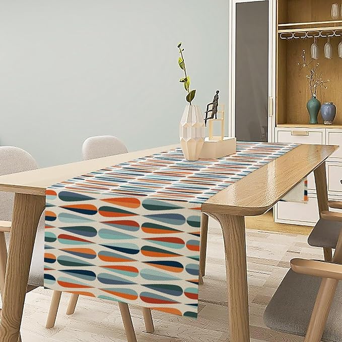 Modern Mid Century Table Runne Retro Blue Orange Grey Water Droplets Geometric Table Runner for Kitchen Dining Room Dining Table Decoration 13x90in