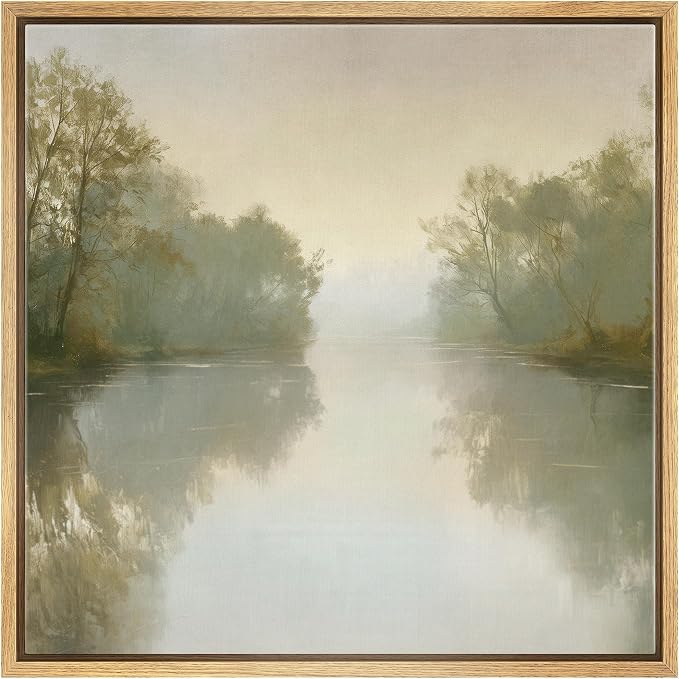SIGNWIN Framed Canvas Print Wall Art Misty River Landscape Tranquil Nature Illustrations Fine Art Country Minimal for Living Room, Bedroom, Office - 24"x24" NATURAL