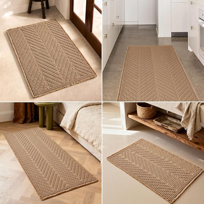 Sunfly Boho Bathroom Rug, Herringbone Waffle Bath Mat Non-Slip Washable Super Absorbent Quick Dry, Farmhouse Bath Mat for Bathroom Floor Decor 24"*48" Khaki
