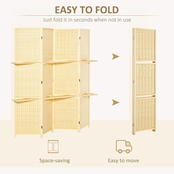 4-Panel Folding Room Divider with Shelves, 6 Ft Freestanding Bamboo Privacy Screen Panel with Storage Shelves for Bedroom or Office, Natural