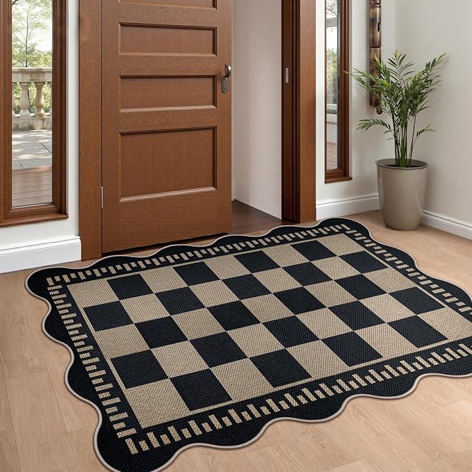 Checkered Easy Jute Front Door Mat, 2.6x4 Washable Entryway Rug Non Slip Small Kitchen Rug, Farmhouse Low Pile Floor Scalloped Rugs for Doorway Porch Bathroom