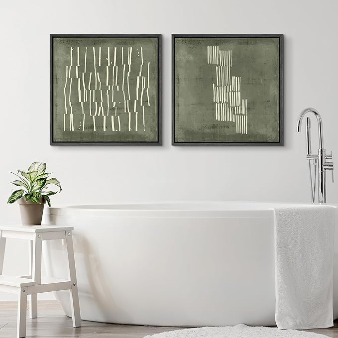 SIGNFORD Framed Canvas Print Wall Art Set Fragmented Lines in Green and White Illustrations Modern Art Minimal Relax/Calm for Living Room, Bedroom, Office - 24"x24"x2 Black