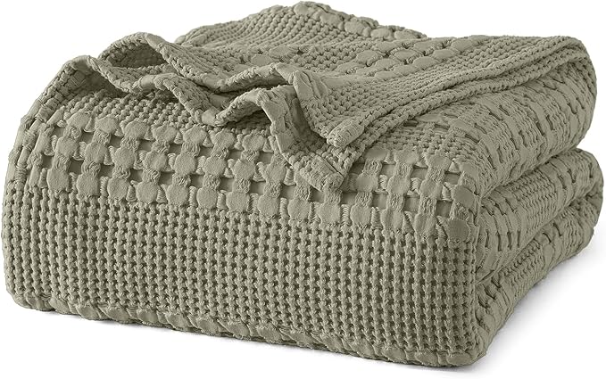 PHF 100% Cotton Waffle Weave Blanket Queen Size for Bed, Soft Lightweight & Breathable for Spring and Summer, All-Season Comfort, Luxury Aesthetic Blanket for Home Decor, 90"x90", Dusty Sage
