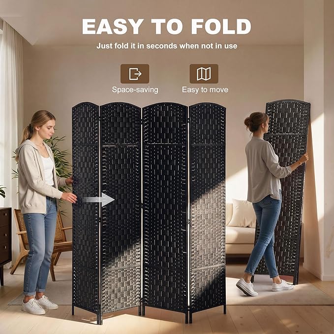 HOMCOM Room Divider 4 Panel, 6FT Tall Folding Privacy Screen, Freestanding Hand-Woven Partition for Room Separation with 360° Hinges, Paper Rope Diamond Weave, Coffee
