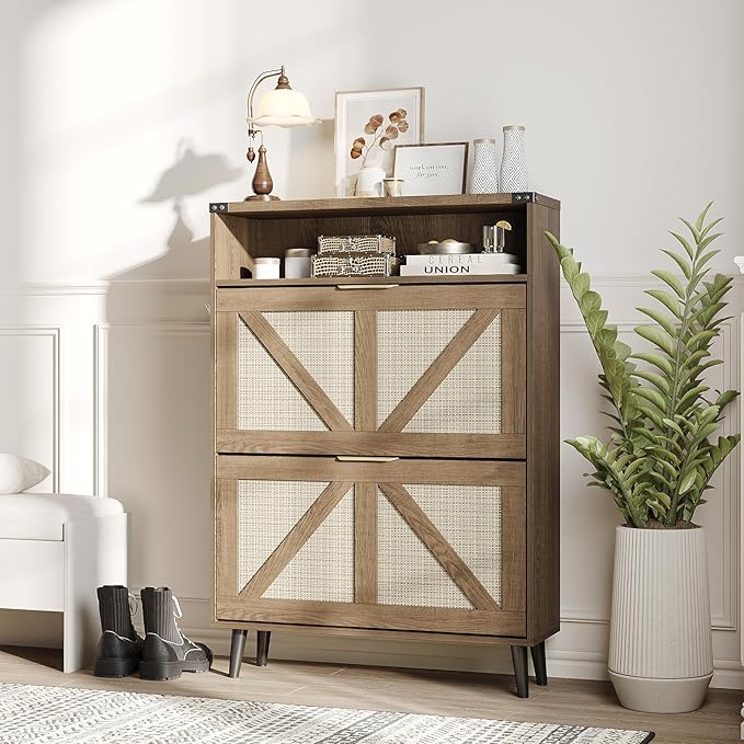 Halitaa Shoe Cabinet with 2 Flip Drawers & Open Storage,Farmhouse Shoe Storage Cabinet for Entryway,Freestanding Narrow Organizer Rack with Legs,Foyer,Hallway,Rustic Oak Rattan