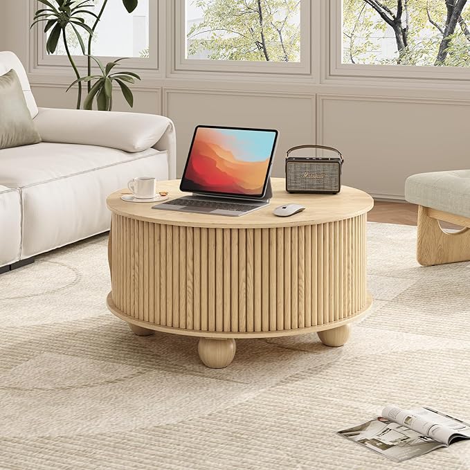 Round Coffee Table with Storage, 31.5" Mid Century Modern Coffee Table with Sliding Door & Bun Feet, Minimalist Fluted Center Table for Living Room, Home Small Space, Oak
