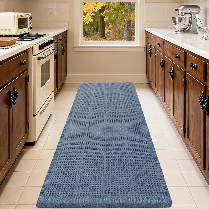 Upgrade Waffle Bath Mat Set 2 Piece, Boho Bathroom Rugs Absorbent Non Slip, Ultra Soft Bathroom Mat, Machine Washable Knit Bath Rugs with Herringbones for Bathroom,Bedroom,Kitchen, Shower, Tub, Blue