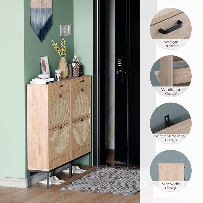 Yechen Shoe Rack Storage Organizer with 2 Natural Semi-Circular Rattan Doors, Entryway Wooden Shoe Cabinet for Sneakers, Leather Shoes, High Heels, Slippers (1 Piece, Oak)