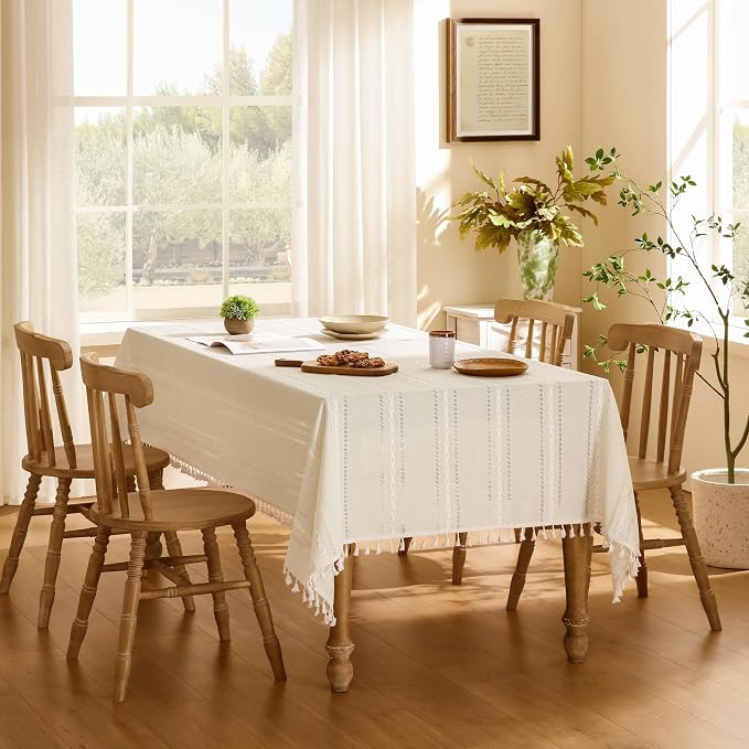 ZeeMart Hemstitched Embroidery Striped Boho Tablecloth 54x54 Inch Ivory, Heavy Weight Farmhouse Burlap Linen Off White Tablecloth, Wrinkle Resistant Washable Table Cloth for Square Table