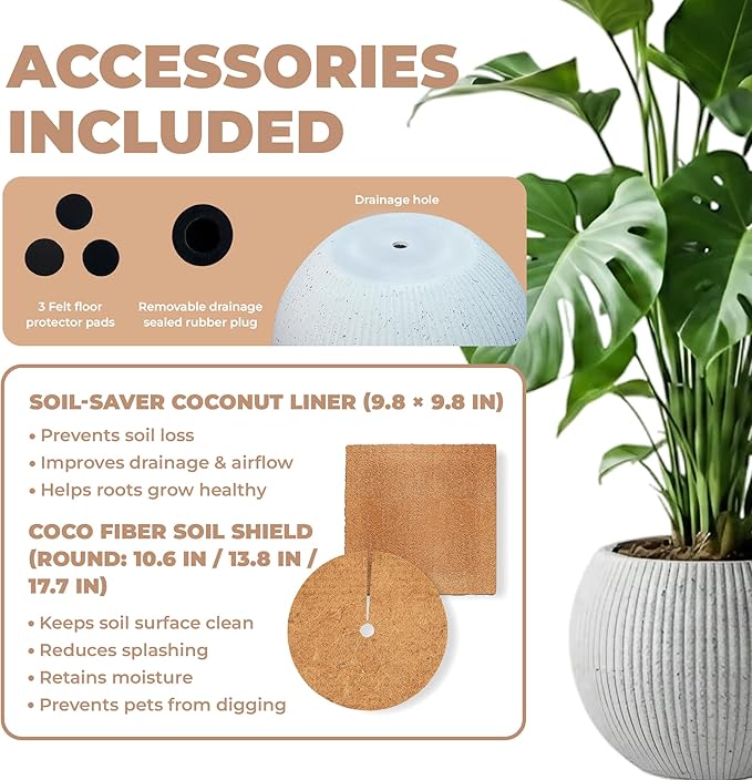 Marlo Fiberstone Round Planter (8.5" Pot Opening x 12..6"D x 9.8"H) Ribbed Finishes, Lightweight, Durable, UV Resistant, Modern Minimalist Home Decor, Indoor Outdoor Pot (S, Ribbed White)