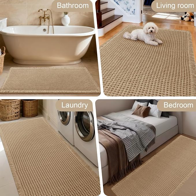Upgraded Waffle Bath Mat Set 3 Piece Beige, Super Absorbent Non-Slip Quick Dry Bathroom Rugs with Tassels, Machine Washable Ultra Soft Boho Bath Rugs for Floor, Toilet Mats Boho Farmhouse Decor