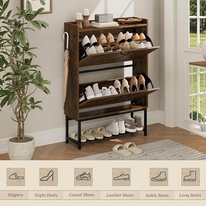 Cozyman Narrow Shoe Storage Cabinet with 2 Flip Drawers & Adjustable Shelf for Entryway, Freestanding Hidden Slim Shoe Organizer Rack, Rustic Brown