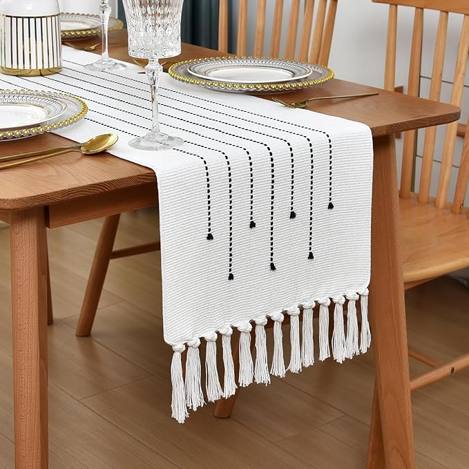 Boho Table Runner Natural Cotton Woven Runner with HandmadeTassels for Home Dining Table décor, for Modern Farmhouse Decor Coffee Table Runner (Navy Blue, 14x90Inch)