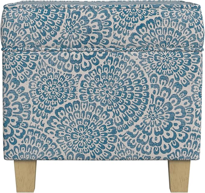 Homepop Home Decor Classic Square Storage Ottoman with Lift Off Lid | Ottoman with Storage for Living Room & Bedroom, Blue and Cream Modern Floral
