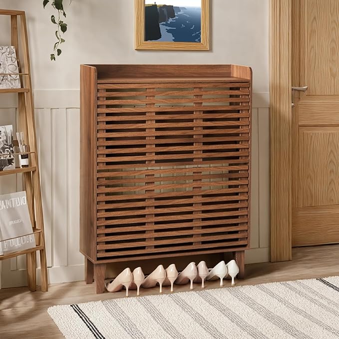Shoe Cabinet 31.5''W Shoe Storage Cabinet with Louvered 2 Flip Drawers, Narrow Shoe Cabinet for Entryway, Freestanding Shoe Organizer Cabinet Slim Shoe Rack Cabinet
