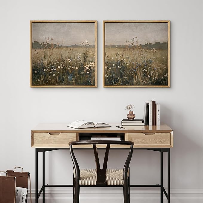 SIGNFORD Framed Canvas Print Wall Art Set Wildflower Field Landscape Meadow Floral Illustrations Modern Art Minimal Relax/Calm for Living Room, Bedroom, Office - 24"x24"x2 Natural