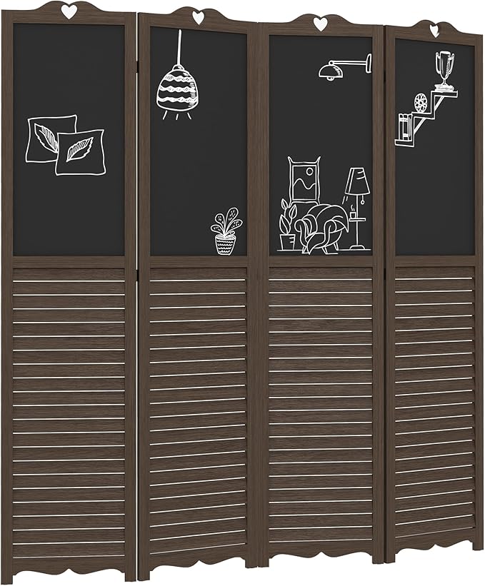 HOMCOM 4-Panel Folding Room Divider with Blackboard, 5.5 Ft Tall Freestanding Privacy Screen Panels for Bedroom or Office, Walnut Brown