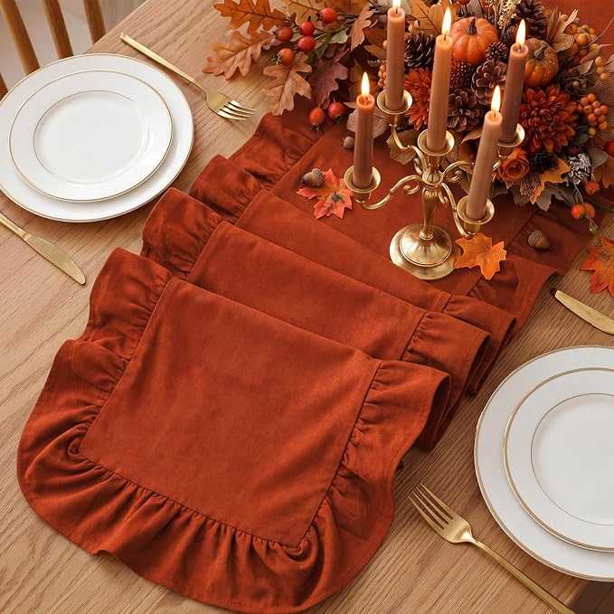 Terracotta Ruffled Table Runner 72 Inches Long Scalloped Table Runner Rustic Cotton Tabletop Farmhouse Decor for Baby Shower Bride Shower Birthday Party Holiday Wedding(Solid Color)
