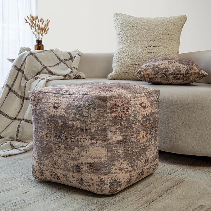 L. R. Resources, Inc. LR Home Vintage Floral Square Indoor Medium Pouf Ottoman, Taupe | Power-Loomed Polyester Foot Rest for Bedroom & Living Room Decor | 18 x 18 x 18 Filled Pouf for Seating