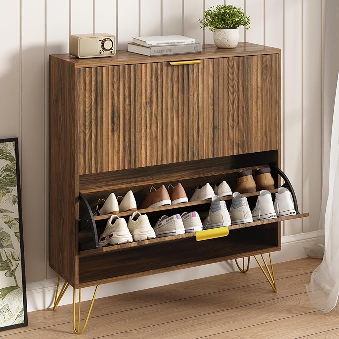 Shoe Storage Cabinet with 2 Flip Drawers, 31.5" W Fluted Shoe Cabinet for Entryway, Hidden Shoe Cabinet Storage, Narrow Free Standing Shoe Orgnaizer Rack Cabinet for Foyer Hallway, Natural
