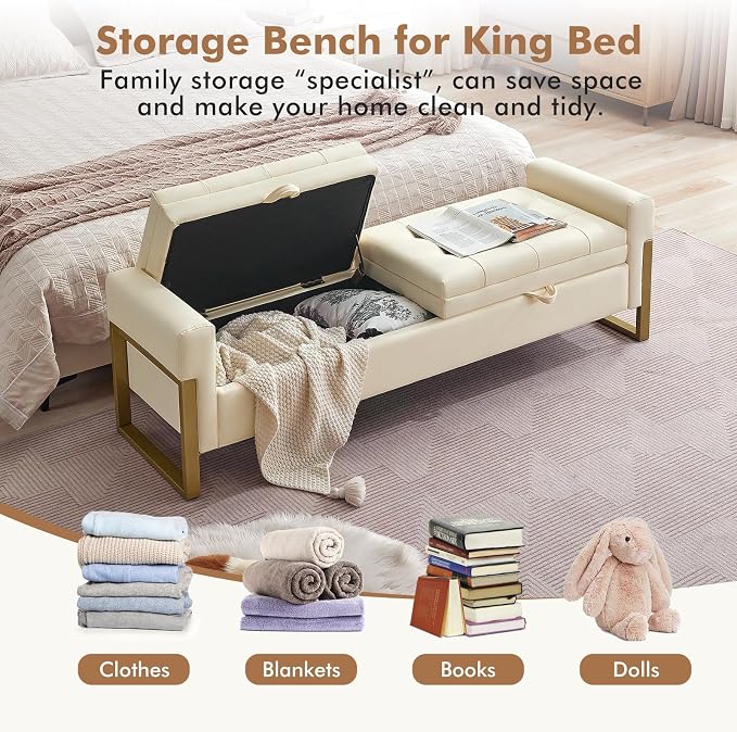 67" End of Bed Storage Bench King Size, Upholstered Faux Leather Bench for Bedroom Foot of Bed, Double Lids Storage Ottoman Bench with Golden Legs for Window Living Room Entryway, Beige
