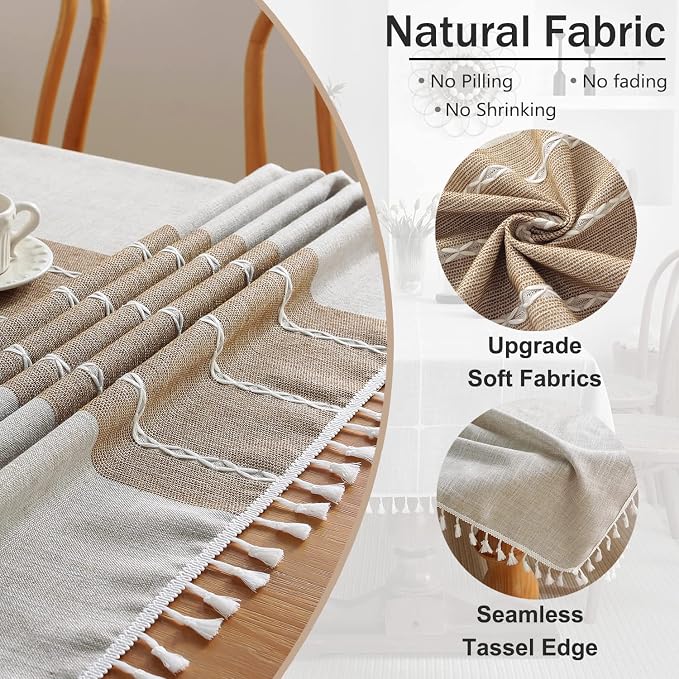 JIALE Tablecloths for Rectangle Tables, Cotton Linen Table Cloth Waterproof Tablecloth Wrinkle Free Farmhouse Dining Tables Cover, Soft Fabric Table Cloths with Tassels, Brown, 55" X 120", 10-12 Seats