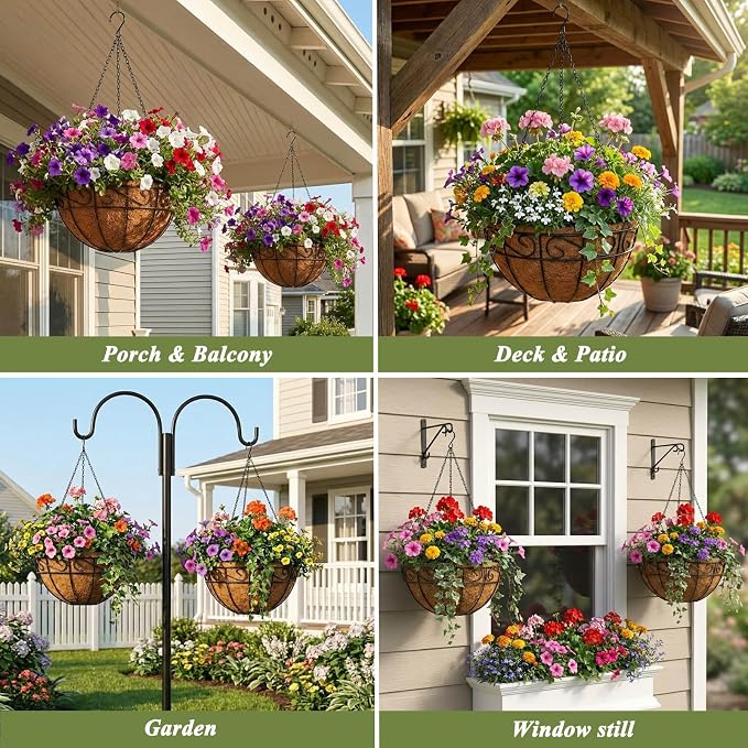 3 Pack Hanging Baskets for Plants Outdoor 12 Inch Metal Hanging Planters with Coco Coir Liner, Round Hanging Flower Basket for Home Garden Patio Balcony Porch