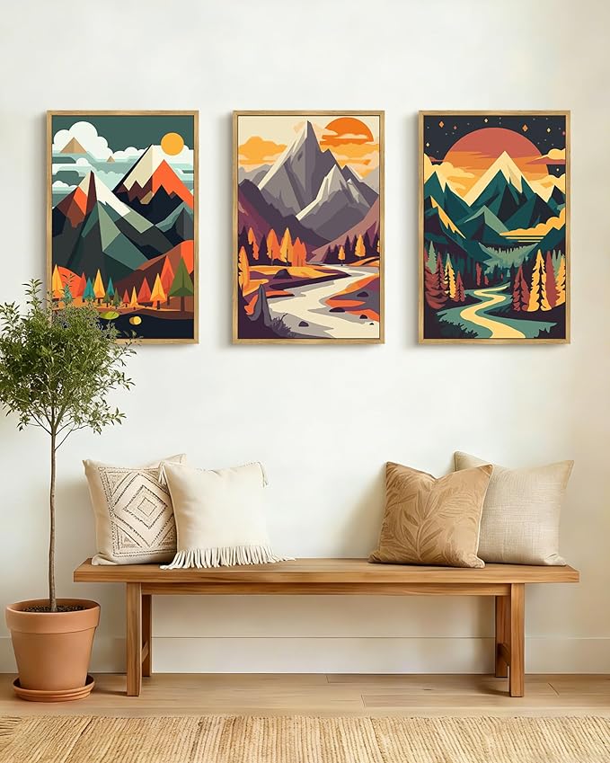 PHOPAGO Mountain Framed Wall Art Large 16x24in Forest Wall Decor Nature Landscape Art Prints for Home Office Bedroom Decor - Natural Framed