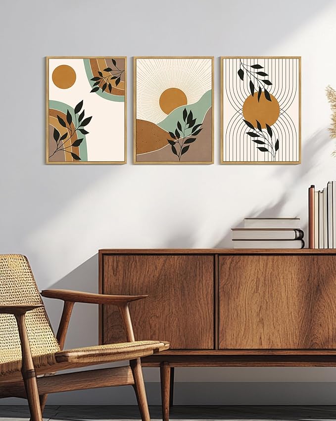 PHOPAGO Boho Abstract Wall Art Botanical Mid Century Modern Framed Wall Printing Neutral Geometric Prints Bohemain Sage Decor for Farmhouse Living Room - 12x16in Natural Framed