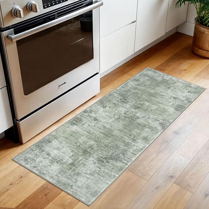 IOHOUZE Abstract Runner Rug 2x5 Ft Washable Runners for Hallways, Non Slip Kitchen Runner Printed Faux Wool Entryway Runner Indoor, Modern Abstract Floor Carpet for Hall Kitchen Bedroom, Sage Green