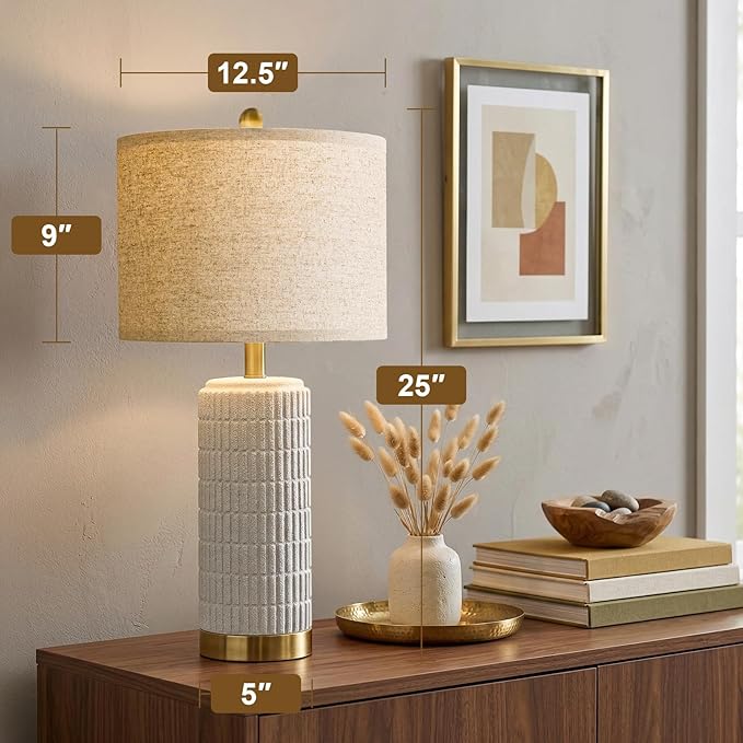 PoKat Farmhouse Table Lamps for Living Room Set of 2 with Gold Base, 25'' Stone-Like Bedside Lamps for Bedroom Night Stands, Ructic Ceramic Lamp for Office Hallway End Table Dorm (Frosted White)