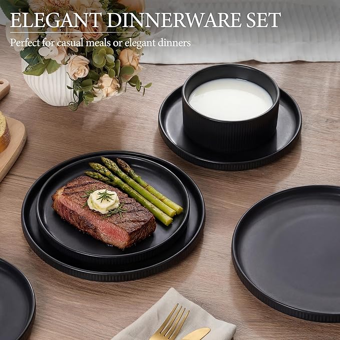 E-far Stoneware Dinnerware Sets for 2, 6-Piece Plates and Bowls Sets, Chip & Scratch Resistant Ribbed Dish Set for Home Restaurant, Microwave & Dishwasher Safe, Matte Black