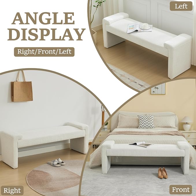 WUTUTUEE 58.7" End of Bed Bench Upholstered Modern Bedroom Bench for Living Room & Entryway, Easy Assembly, Footrest Ottoman Accent Window Bench with Solid Wood Frame & Curved Arm, White