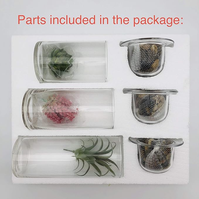 KMwares Glass Cylinder Candle Holders Set of 3 with Artificial Succulent and Decorative Stones, Hurricane Candle Holder Centerpiece for Table, Wedding, Bathroom and Home Decor (Candles Not Included)
