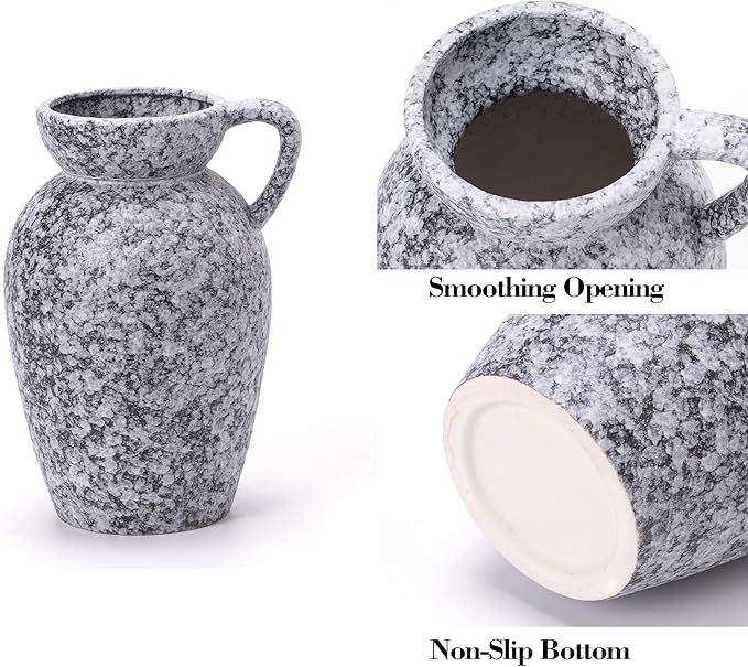 Stone Vase Home Table Decor, Black Ceramic Modern Rustic Farmhouse Vase Set of 3 Centerpiece for Shelf Bedroom Bathroom Desk