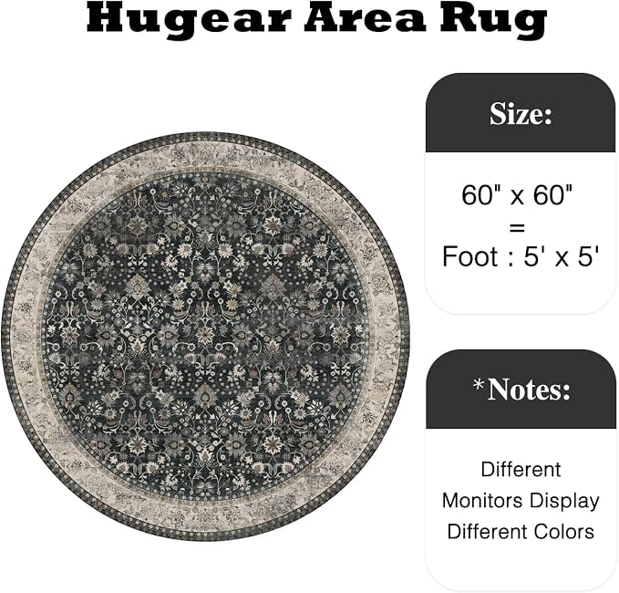 HUGEAR Round Rug 5ft Entryway Rugs Machine Washable Black Beige Hallway Area Rug 5x5 Small Circle Accent Rug Floral Low Pile Carpet Soft Throw Rug Living Room Office Laundry Room Entrance Non Slip