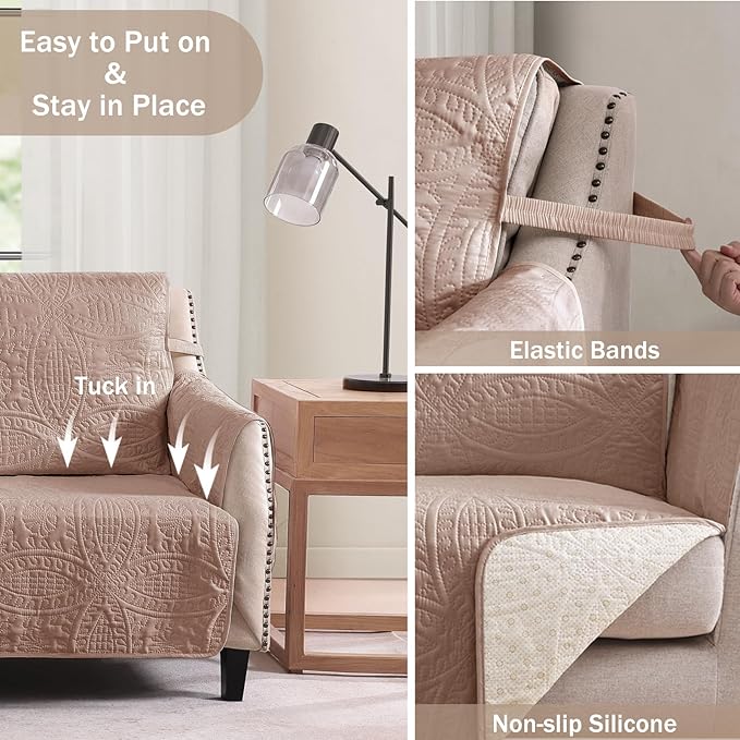 Loveseat Covers for 2 Cushion Couch, Water-Repellent Slip Covers for Sofa, Machine Washable Love Seat Quilted Couch Covers, Pet Friendly Loveseat Slipcovers (Loveseat 48", Dusty Pink)