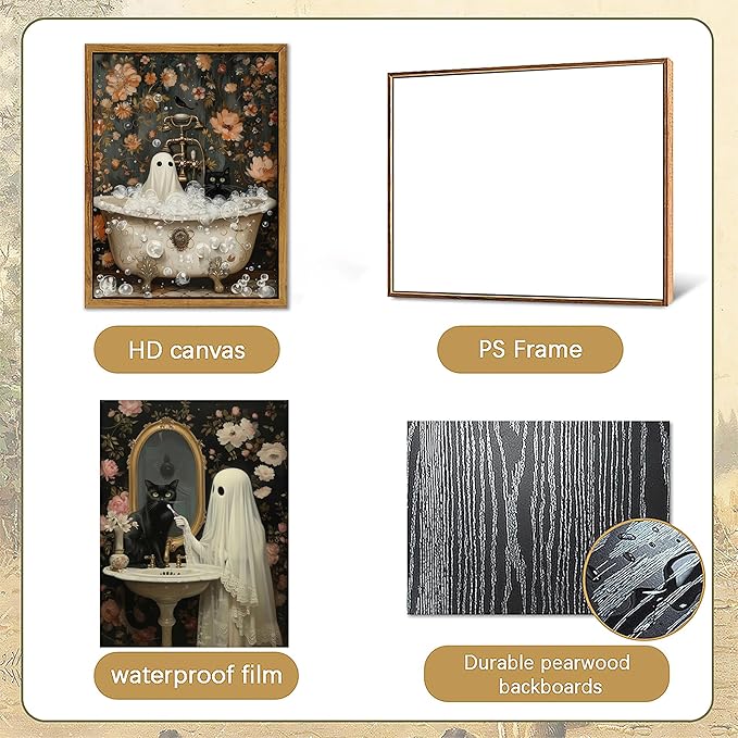 ARTZIO Vintage Ghost & Black Cat Wall Art - 16x24 Inch Framed Artwork, Waterproof, Fade-Resistant, Thick Woodgrain Frame, Includes Installation Nails (Set of 2)