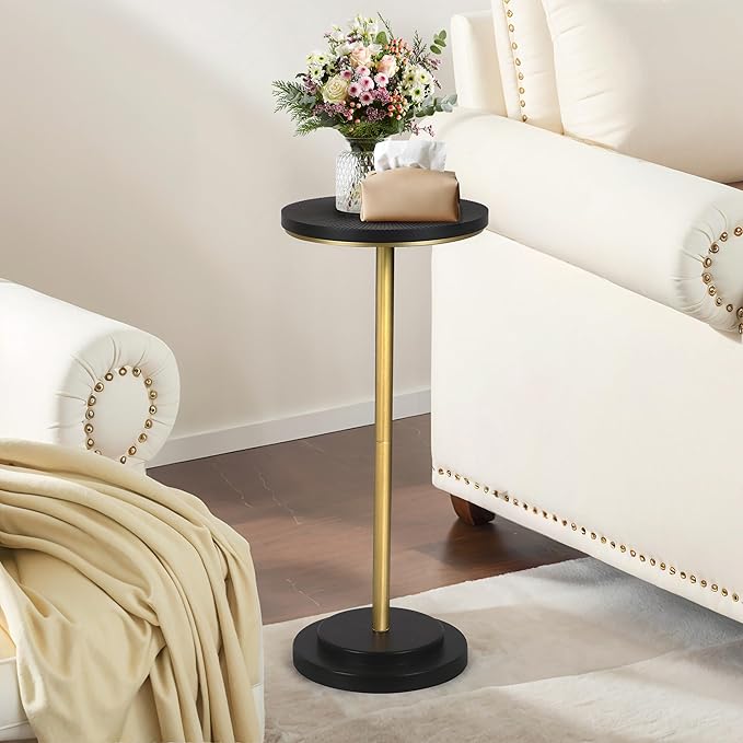COVLON Drink Table Set of 2, Small Round Pedestal Side Table with Carved Top for Living Room, Bedroom, Small Space, Corners and Office, Gold and Black